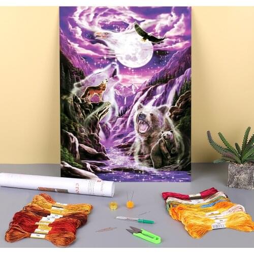 Animal Wolf Printed Water-Soluble Canvas 11CT Cross Stitch Embroidery Set DMC Threads Sewing Handmade Knitting Adults