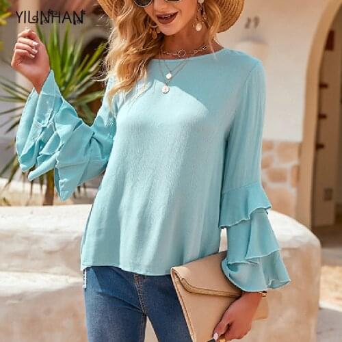 YILINHAN Women 2021 New hot style European and American womens ruffled long-sleeved round neck solid color top T-shirt women