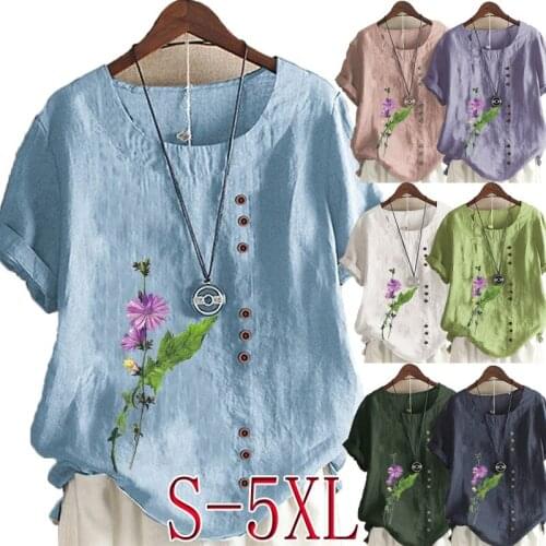 Womens Flower Printed Round Neck Comfortable T-shirt Plus Size Casual Short Sleeve LINEN SHIRT Tops Blouse