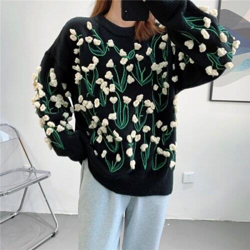 Oversized Sweater Hand Hook Crochet Floral Sweaters for Women Thick Pullovers Warm Winter Sweater High Quality Black Jumpers