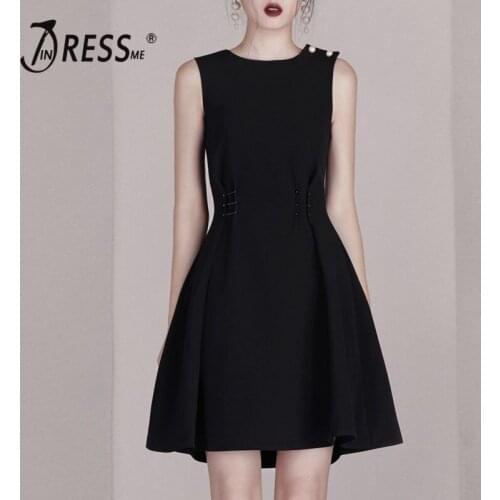 INDRESSME 2019 New O Neckline Pearl Button Loose Sleeveless Refined Waisted Sexy Classic Party A-line Black Midi Dress Women