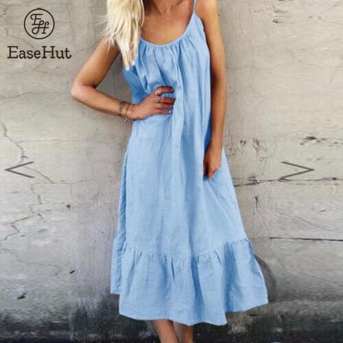 EaseHut Summer Beach Dress Spaghetti Ruffle Dress Sexy Sleeveless Backless Pleated Dress Party Sweet Cute Vestidos Women Dress