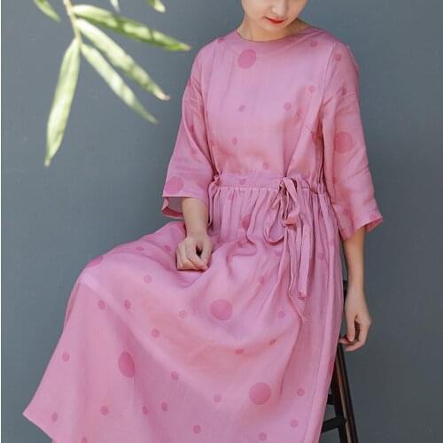 Women Loose Double Layer Ramie Printed Dress Ladies Loose Dot Print Ramie Dresses Female Summer Ramie Dress 2021