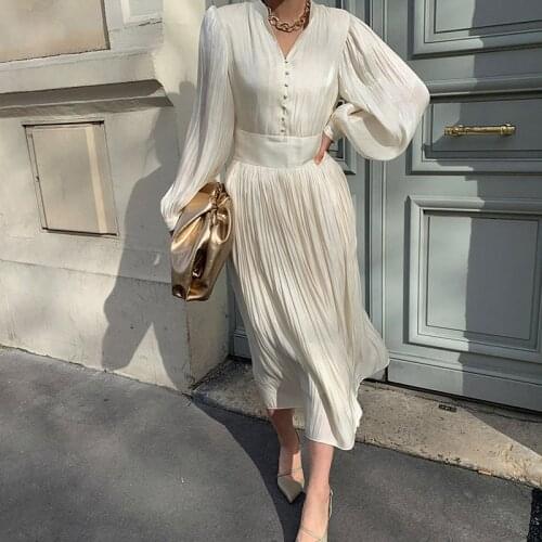 2021 Summer Evening Womens Mid-length Dress Pleated Lantern Sleeve Special Occasion Female Dress Spring Korean Party Lady Robe