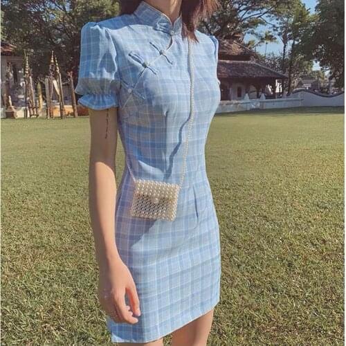 Bella Philosophy Wonder Vintage Casual Fashion Plaid Dress Beading Short Sleeve Office Bodycon Dress Korean Elegant OL Female