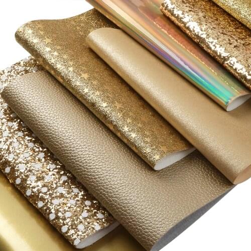 Gold Series Chunky Fine Glitter Faux Leather Sheets Lychee Solid Color Holographic Synthetic Leather A4 Size for DIY Crafts