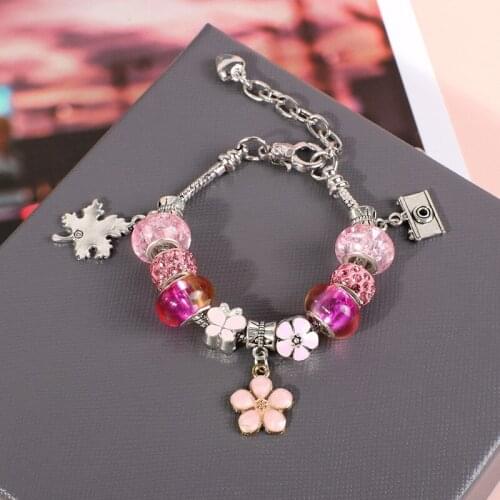 New Arrival Pink Flower Butterfly Charms Bracelet for Women Silver Color Maple Leaf Camera Pendant Pulseras Girl DIY Bijoux Bead
