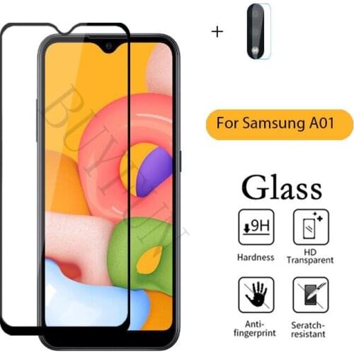 2in1 Tempered Glass for Samsung Galaxy A01 Full Cover Camera Lens Screen Protector for Sumsang A 01 a01 Protective Film