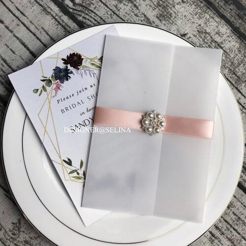 50pc Luxury Editable Vellum Wedding Invitations with Pearl Silver Rhinestone, Customized Quinceanera Invites with Ribbon