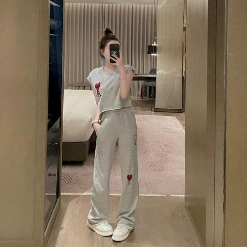 Trousers Suits Casual Sports Suits Women 2021 Summer New Embroidered Short Top Wide-leg Pants Fashion Two Piece Sets Kawaii Sets