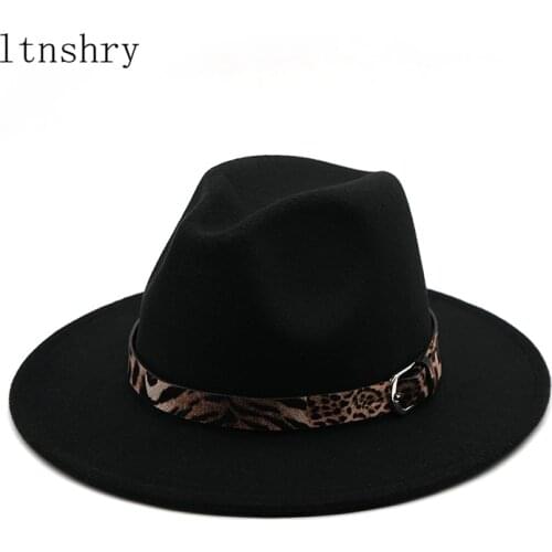 Fedora Hat Men Women Leopard belt Imitation Woolen Winter Felt Hats Fashion Black Top Jazz Hat Fedoras Chapeau Sombrero Mujer