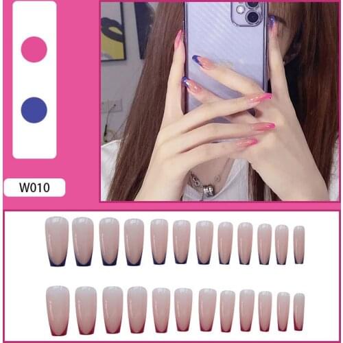 Glossy Nude Pink Blue Border French Ballerina Coffin False Nail Gradient Natural Press On Ballet Fake NailS Tips Reusable Wear