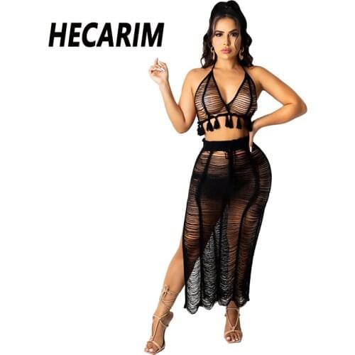 HECARIM Women Swinsuit Cover Up Skirts Crochet Knitted Summer Two Piece Set High Split Hollow Out Beach Wear Fringe Tassel Bra