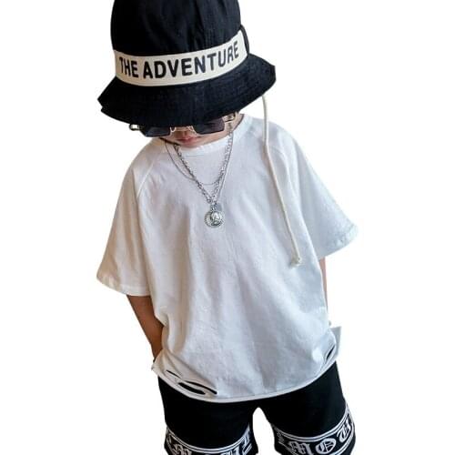 Summer New boys girls cuhk children pure cotton white hole short sleeves tops fashion motion casual clothes