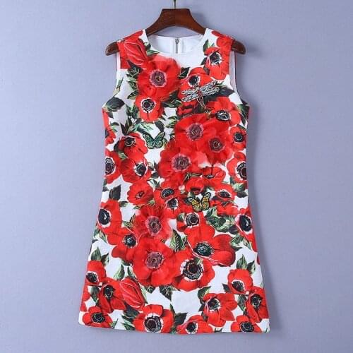 And American womens European clothing 2021 spring new style sleeveless dragonfly nail bead Butterfly embroidered jacquard dress