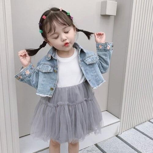 DFXD Girls Dress Set 2020 Spring Children Single-Breasted Flower Embroidery Jeans Coat Yarn Dress 2pc Girls Clothing Set 2-7T