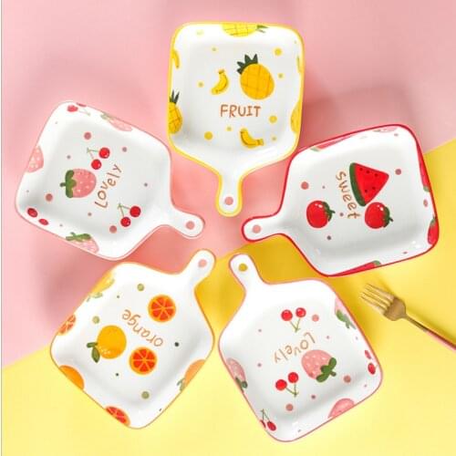 Korean Style Fruit Ceramic Baking Pan Handle Plate Pasta Lasagna Dish Fresh Fruit Hand Painted Salad Dinner Plate Household Tray