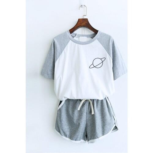 Summer Women Pajamas Set Planet Cartoon Casual Womens Clothing Pyjamas Suit Female Short Sleeve Tee Shirt Tops Sleepwear