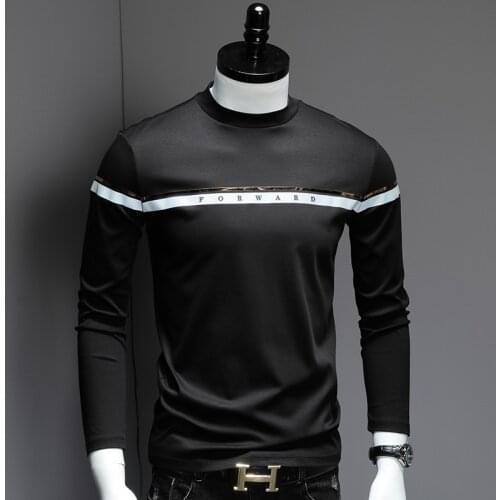 Autumn Men Fashion Striped Printed Black T-Shirt Little Turtleneck Mercerized Cotton Slim Fit Long Sleeve T Shirt Men Clothing