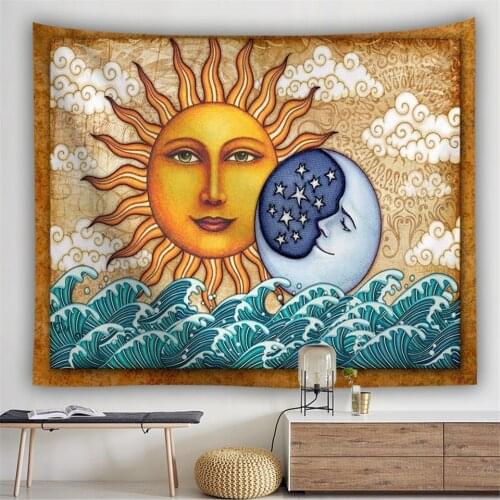 Starry Sun And Moon Tapestry Mandala Wall Hanging Astrology Tarot Divine Psychedelic Whale Wave Nature Landscape Art Ouija Mural