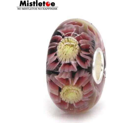 Mistletoe Jewelry 925 Sterling Silver Large Hole Pink 3D Flowers Murano Glass Charm Bead Fit European Bracelet