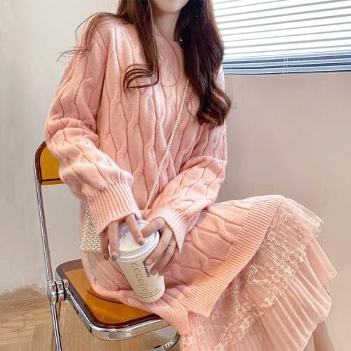 Autumn and winter clothing 2021 new sweater mid-length dress winter thickening stitching mesh winter dresses