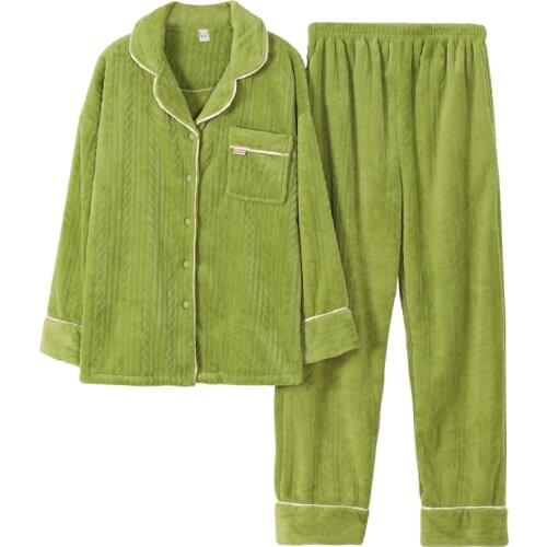 Pajama Set Women Warm Plush Sleepwear Women Fall and Winter Coral Fleece Nightshirt Fruit Green Female Solid Color Home Service