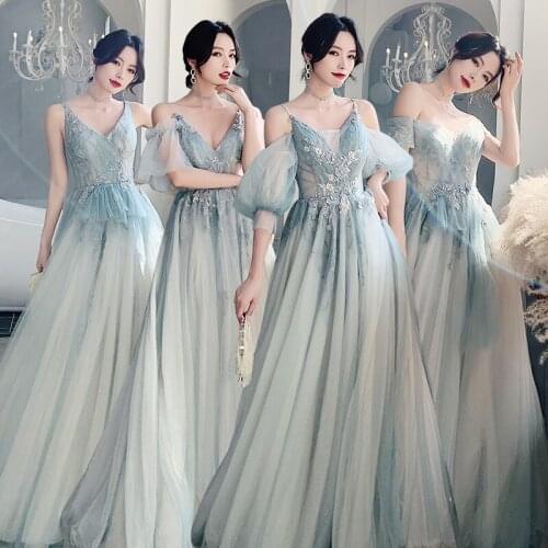 Bridesmaids Dress Lace Off The Shoulder Sequined Pleat Embroidery V-Neck A-Line Floor-Length Tulle Women Wedding Party Gown E236