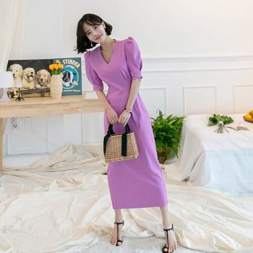 Summer Dress Office Lady Evening Elegant Vintage Purple Women Dresses Bodycon Bandag Long Sundress Party Sexy Korean Clothes