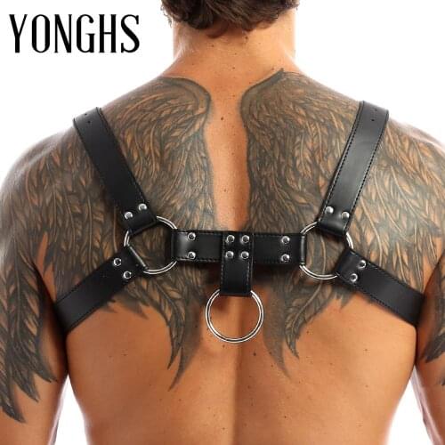 Harness Mens Lingerie PU Leather Double Shoulder Belt Adjustable Body Chest Bondage Harness Straps Erotic Costumes with Buckles