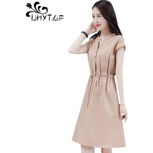 UHYTGF Wholesale 5XL Plus Size Dresses Womens Soft Cotton Linen Comfortable Summer Dress V-neck Pullover Slim Bandage Dress 1185