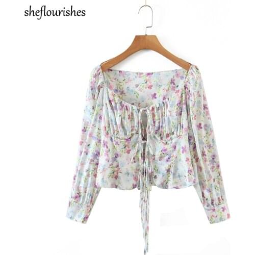 Vintage blouses women long sleeve shirt korean floral print womens tops sexy square neck blouse elegant lace up shirt white 2021