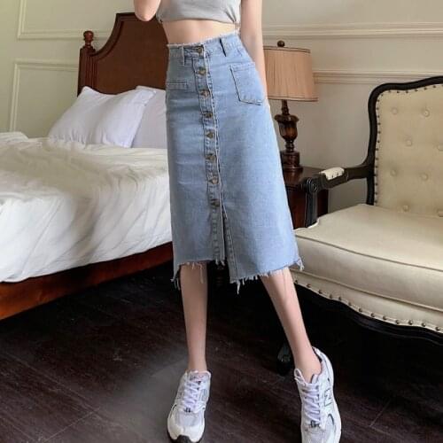 Long Denim Skirt for Women Korean Fashion Irregular Vintage Tassels High Waist Single Breasted A-line Jeans Skirt with Pockets