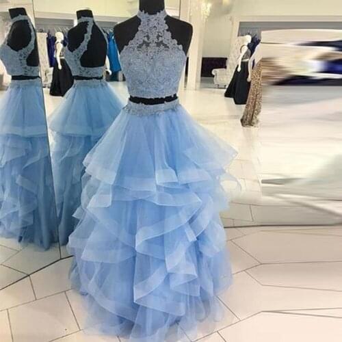 High Neck Lace Appliques Prom Dresses Pleated Tiered Two Pieces Sleeveless Custom Women Special Occasion Party Gowns Open Back