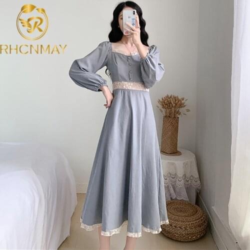 Spring and Autumn New Square Neck Lace Patchwork Long sleeve Dress Women French style Show thin Elegant Fashion Dress 2021