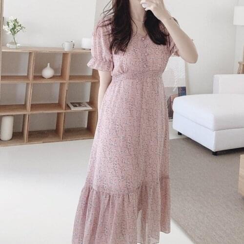 Korean Chiffon Long Dress Women 2021 Summer Short Sleeve Elegant Dresses Femme V-neck Shredded Flowers Medium-length Dress 15540