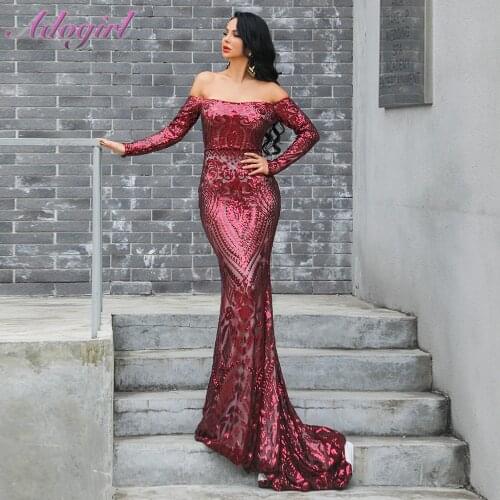 Elegant Sequines Off Shoulder Long Sleeve Long Mermaid Dress Women Sexy Strapless Backless Evening Party Club Dresses Vestidos