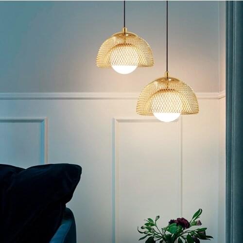 Postmodern Design Gold Pendant Lamp Double Iron Net Glass Lampshade LED Nordic Bed Side Hanging Lamp Ceiling Suspension Light