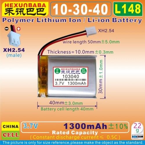 2pcs [L148] 3.7V 1300mAh [103040] XH2.54 / 2P;Polymer lithium ion / Li-ion battery for earphone,record PEN;mp3,mp4;mp5;GPS