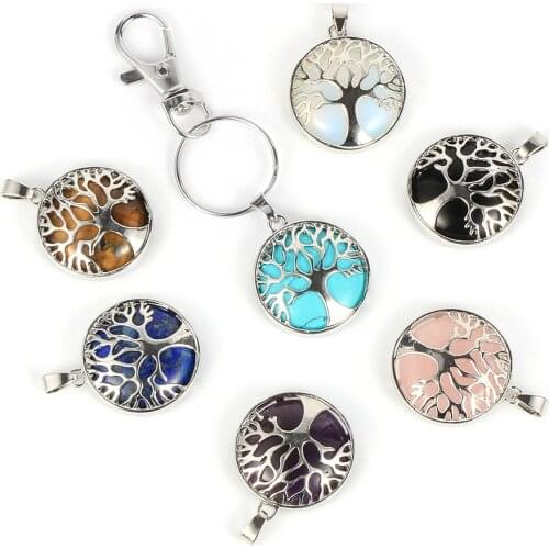 Natural Gem Stone Tree of Life Pendant Keyring Tiger Eye Amethysts Onyx Alloy Edging Key Chain Silver Color Keychains Jewelry
