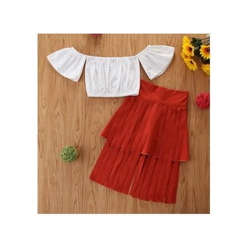 Baby Girls Fashion Sets Solid Shirt Sleeve O Neck Top Red Tassels Skirt Infant Toddler Children Kids Summer Outfits 1-6T