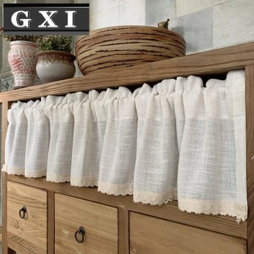 Nordic style Beige Cotton Linen Fabric Short Curtains for kitchen Lace Hem Wine Cabinet Door Decorative Curtains