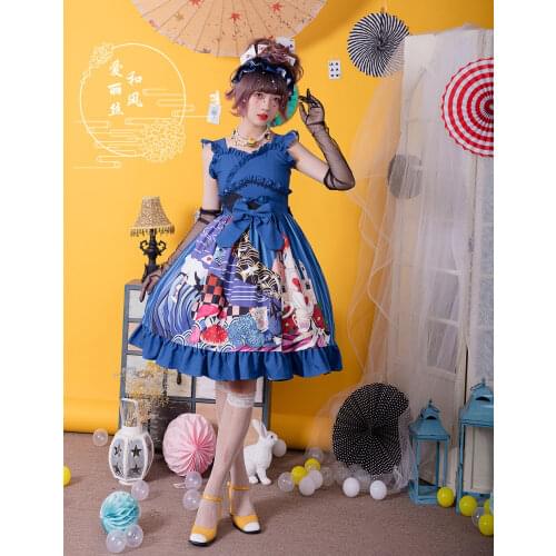 Sweet lolita dress vintage falbala bowknot cute printing high waist princess victorian dress kawaii girl gothic lolita jsk loli