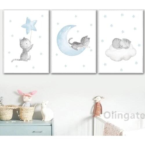 Nursery Wall Art Blue Moon Star Poster Kawaii Baby Cat Animal Canvas Painting Watercolor Picture Nordic Kids Bedroom Decor Gift
