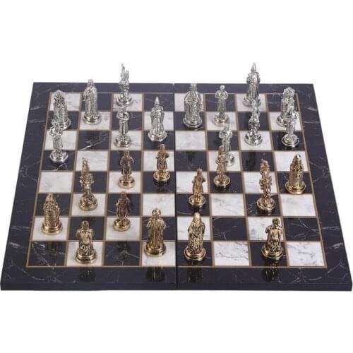 Ottoman vs Byzantine Figures Metal Chess Set for Adults, handmade Pieces and Marble Design Wood Chess Board King 7 cm