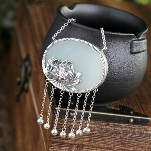 S925 pure silver restoring ancient ways ms lotus Mosaic hetian jade white jade tassels sweater chain chain pendant