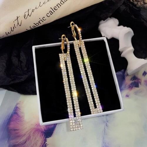2020 Fashion Long Geometric Drop Earrings Luxury Gold Color Rectangle Rhinestone Earring for Women Party Jewelry Gifts