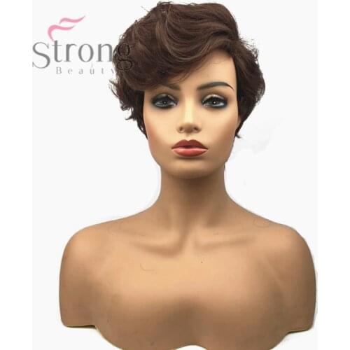 StrongBeauty Women Synthetic Capless Wig Brown Pixie Cut Hair Asymmetrical Side Bang Short Curly Wigs