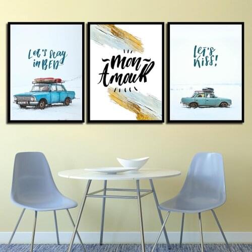 Canvas Nordic Posters Snowfield Blue Car Landscape Painting Prints Wall Artwork Quotes Pictures Kids Bedroom Fashion Home Decor