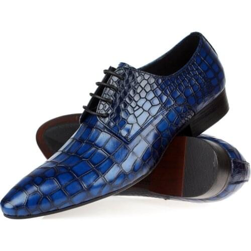 Fashion Genuine Leather Mens Dress Shoes Sales Blue Male Shoes Brogue Party Zapatos Pointed Toe Business Work Formal Footwear